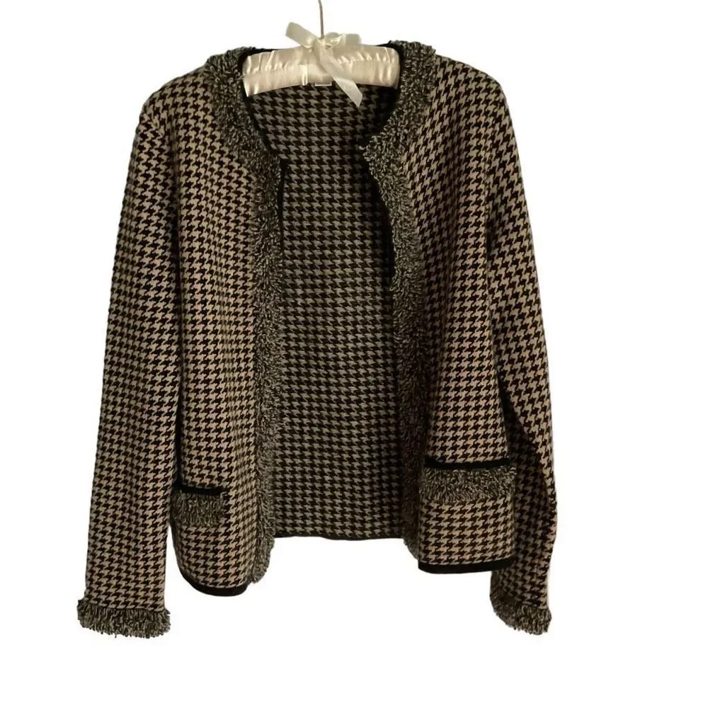 Belford Cardigan Cashmere Black Tan Houndstooth Loop Fringe Trim Zip Front Large